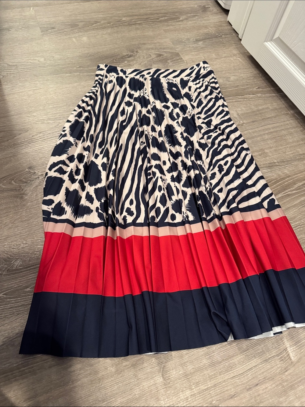 next Navy, Cream and Red Pleated Midi Skirt with Animal Print